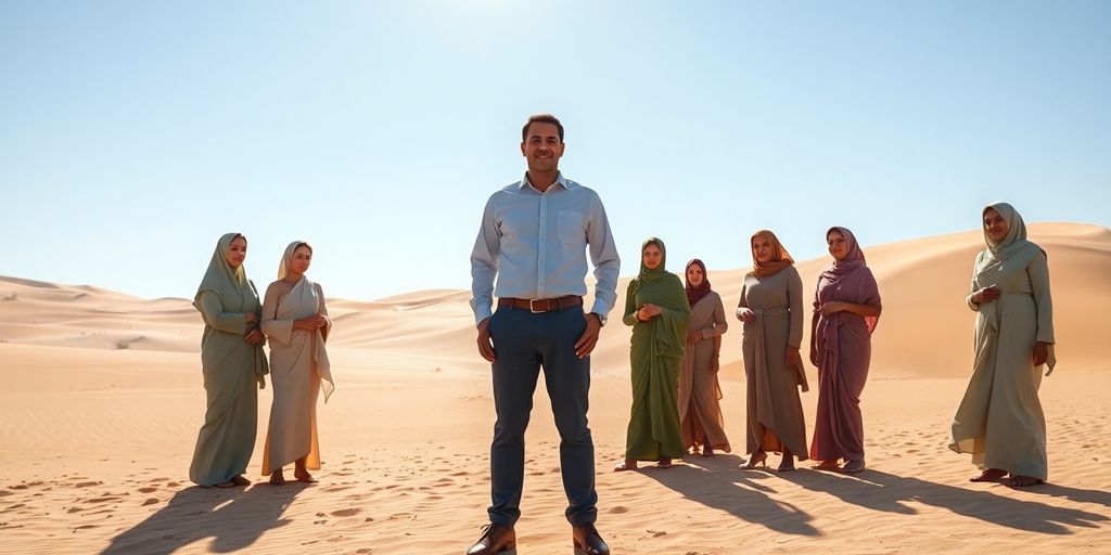 Man with multiple women looking at him.