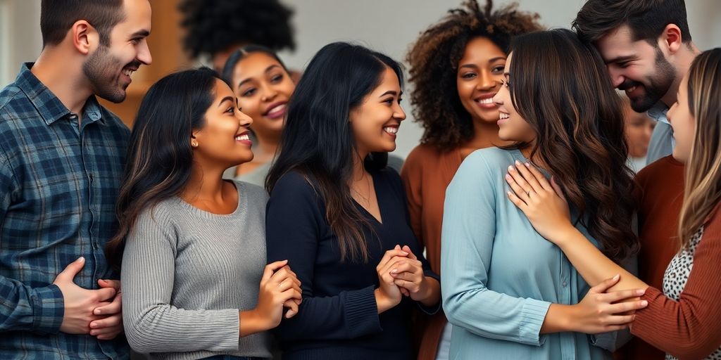 Diverse couples holding hands, looking at each other.
