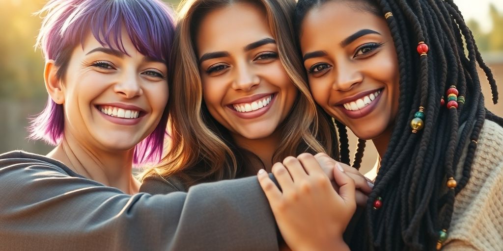 Three women connecting, colorful, warm, natural light.