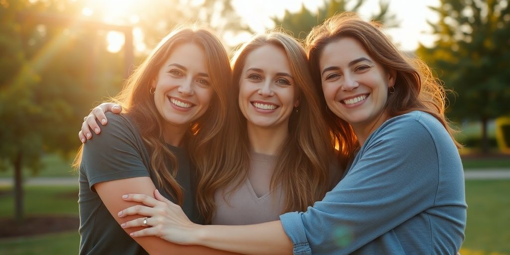 Three smiling women in a warm embrace.