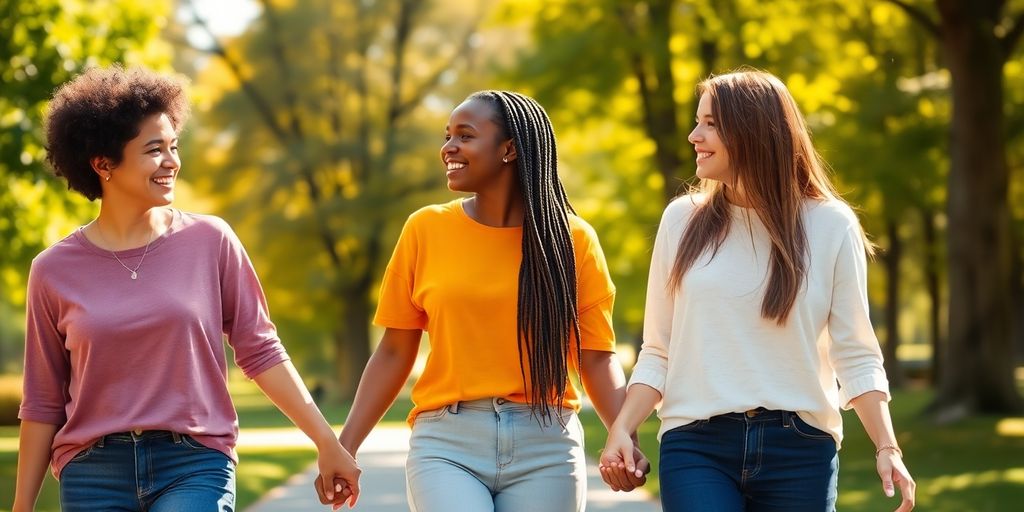 Three women holding hands, smiling in a park.