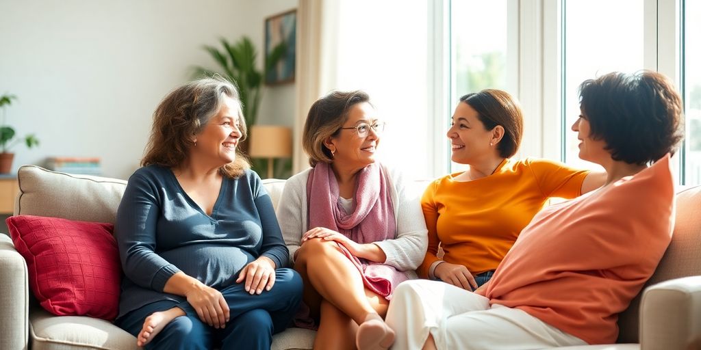 Three women conversing in a sunlit living room.