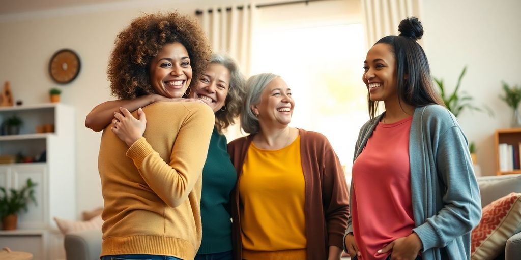 Diverse women embracing, colorful clothing, cozy home.