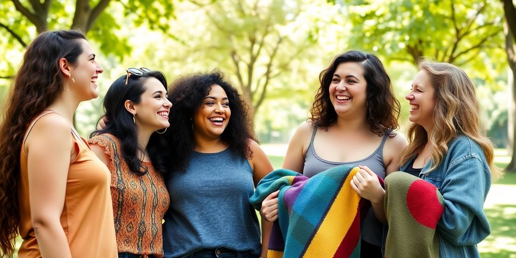 Diverse queer women laughing together outdoors.