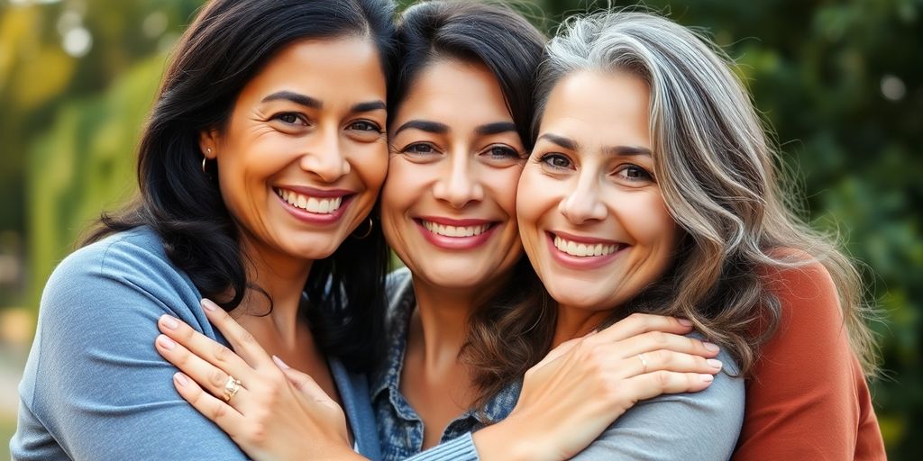 Diverse women embracing, holding hands, smiling warmly.