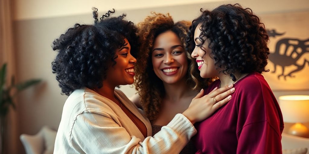 Diverse queer women connect, sharing affection in vibrant setting.