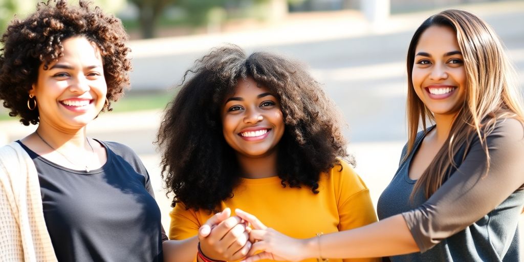 Three women holding hands, smiling.