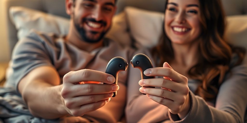 Partners holding wireless couple toys with soft glowing heart-shaped light