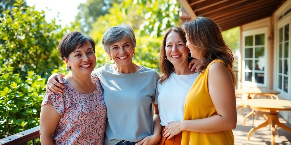 Smiling women embracing outdoors.