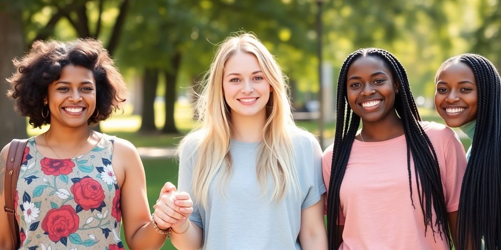 Women holding hands, smiling at camera