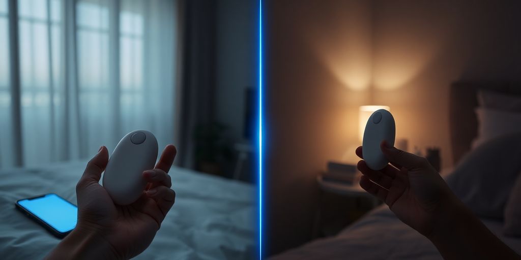 Two hands holding remote vibrators connected by blue glowing arc.