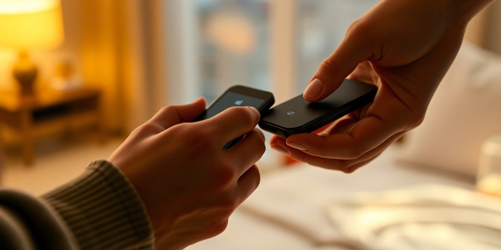 Couple holding interactive devices across distance, warm lighting, gentle smiles.