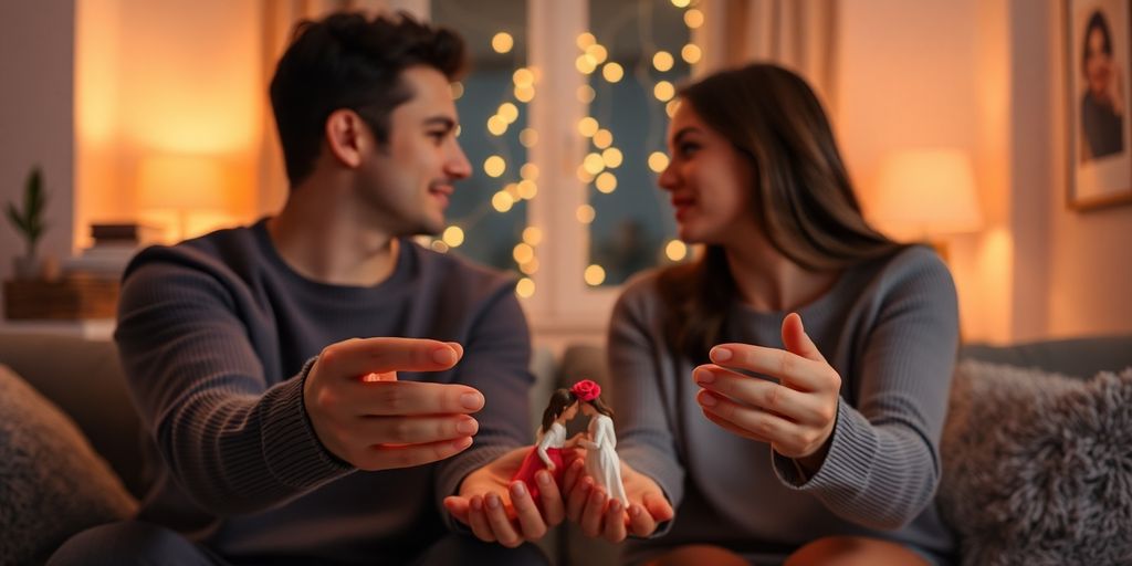 Two separated partners hold matching rose-colored couple toys through window.