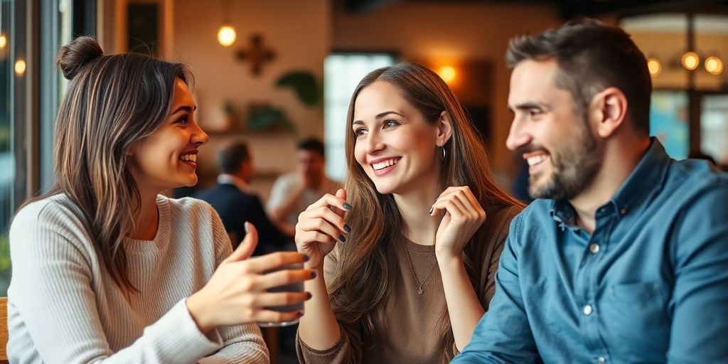 Diverse people connecting, warm light, modern setting.