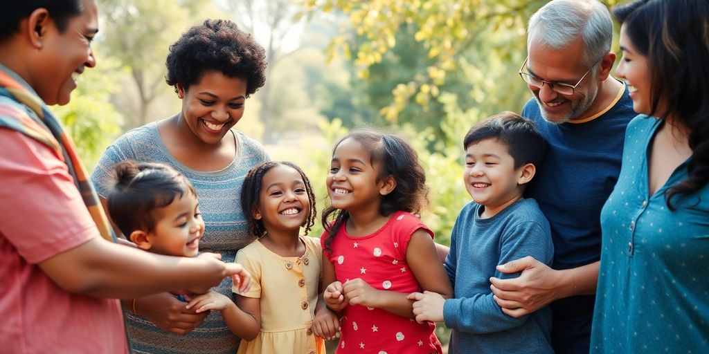 A diverse group of parents and children interacting warmly.