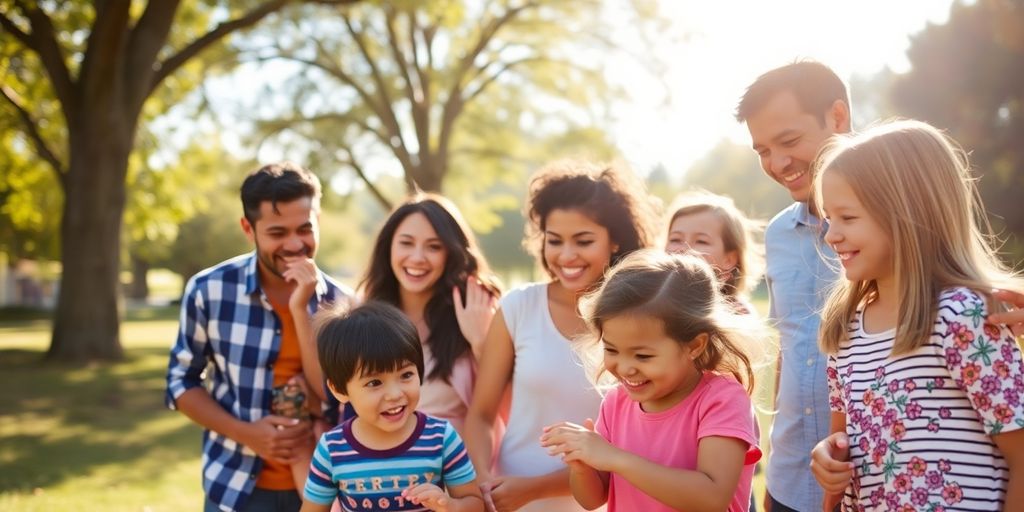 A diverse group of parents and children sharing a joyful outdoor moment.