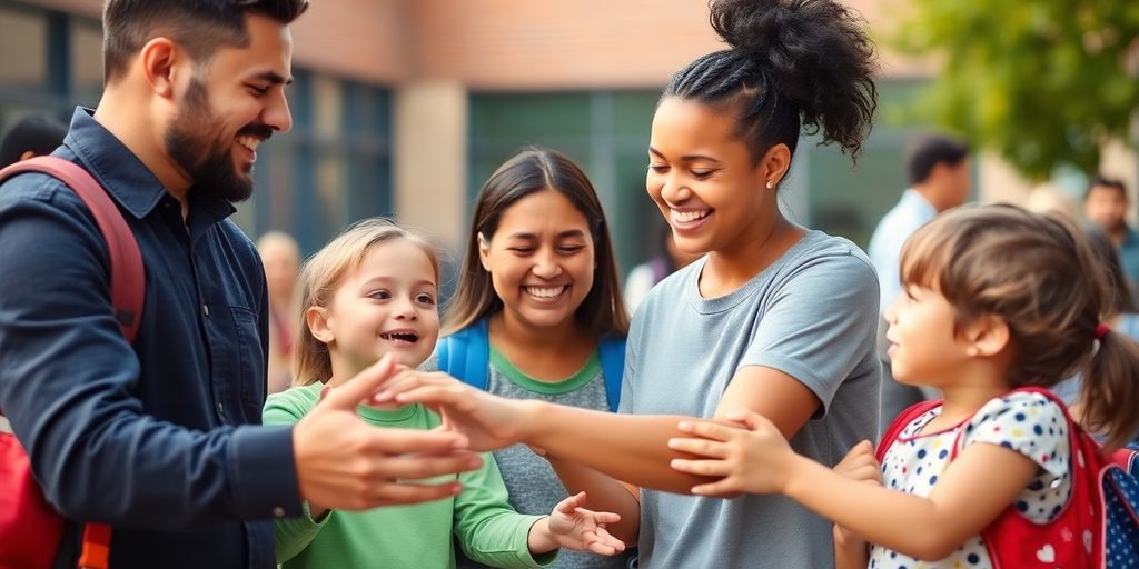 A parent smiling with children at a school event.