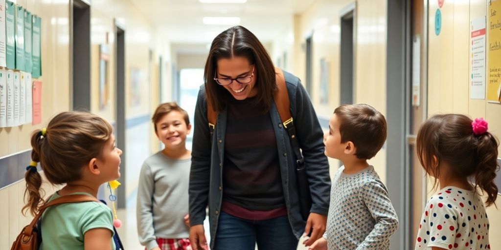 A parent smiling with diverse children in a school hallway.