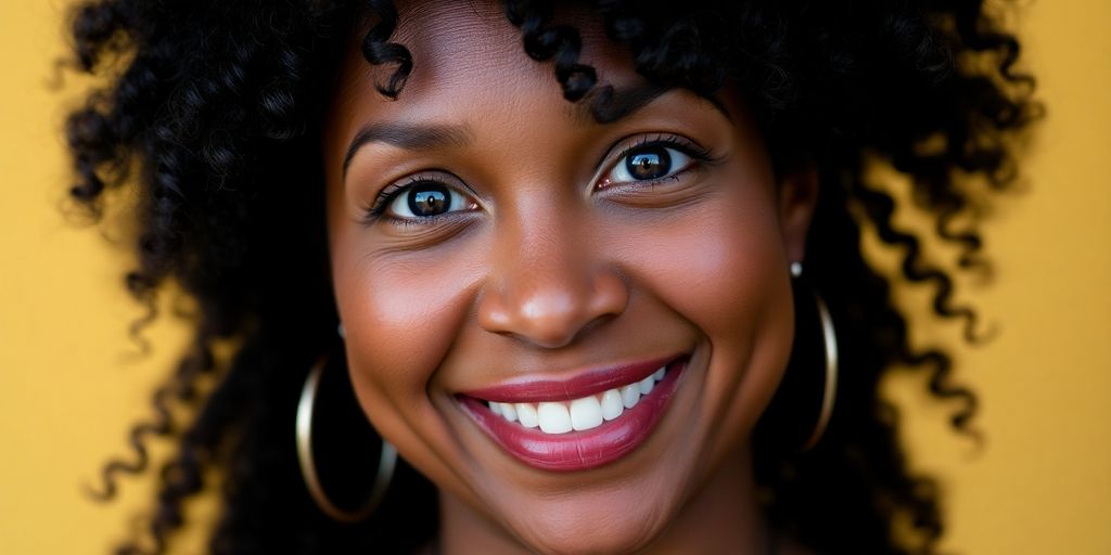A smiling Black woman with dark curly hair.