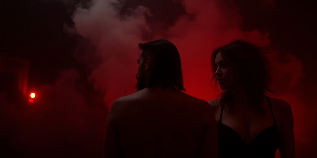 BDSM practitioners in a dimly lit, textured dungeon.