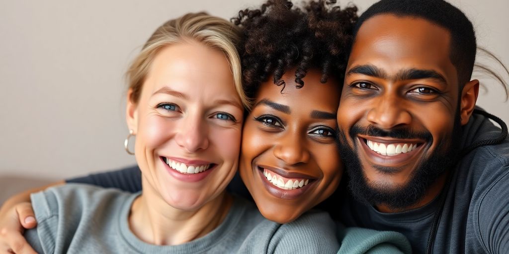 BIPOC polyamorous couple Tara and André smiling warmly.