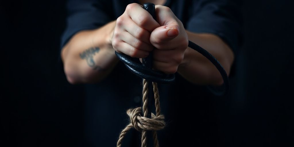 Bound hands grasping a leather whip.