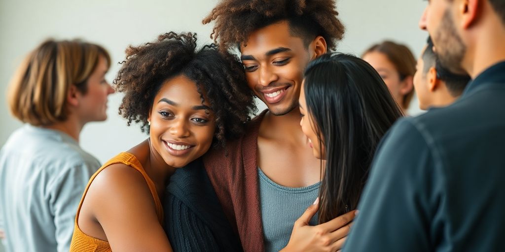 Connected figures sharing space, diverse relationship dynamics.