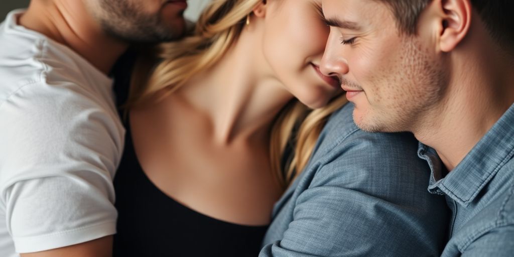 Couple and third person embracing intimately.