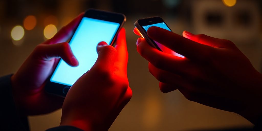 Couple communicating intimately through mobile phones.