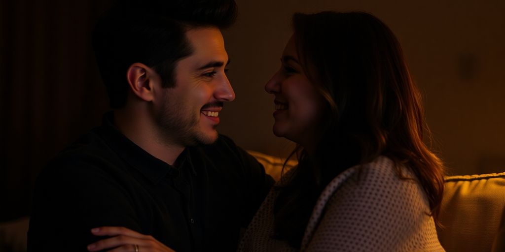 Couple discussing intimacy with a warm, inviting atmosphere.