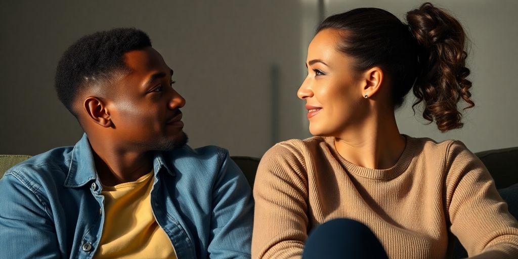Couple discussing relationship boundaries visually.