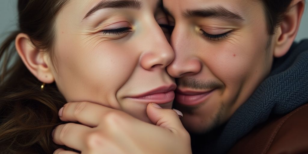 Couple embracing after intense BDSM scene.