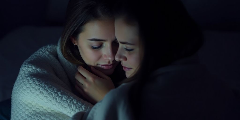 Couple embracing after intense BDSM scene.