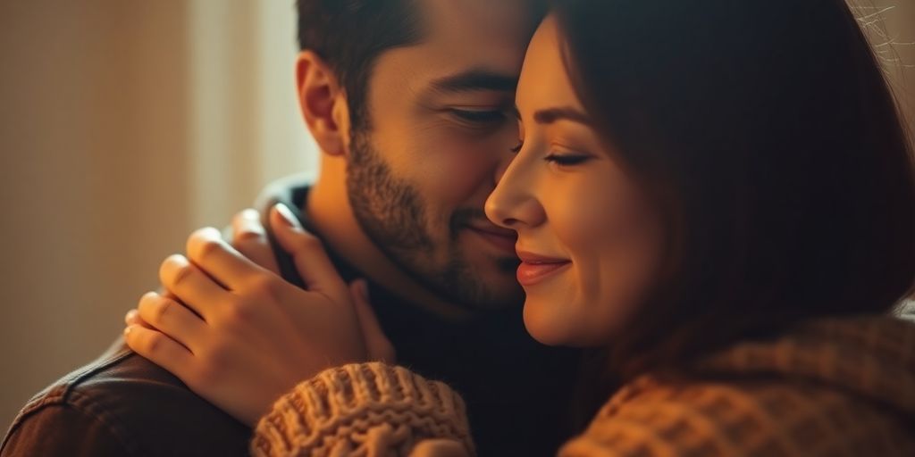Couple embracing, bathed in soft, warm light.