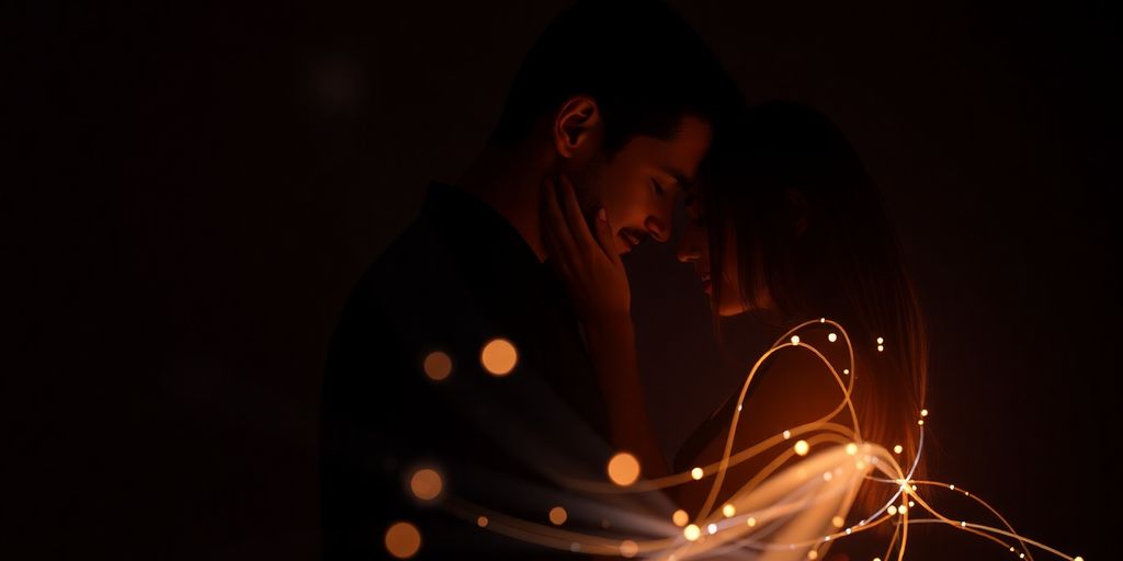 Couple embracing, connected by glowing digital lines.