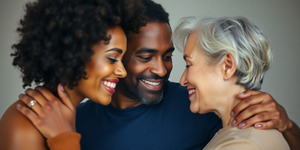 Couple embracing, diverse identities.