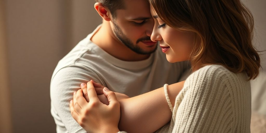 Couple embracing gently, soft lighting.