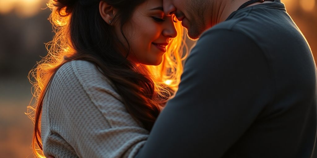 Couple embracing intimately, soft lighting.