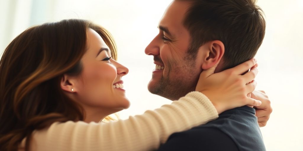 Couple embracing intimately, soft lighting.