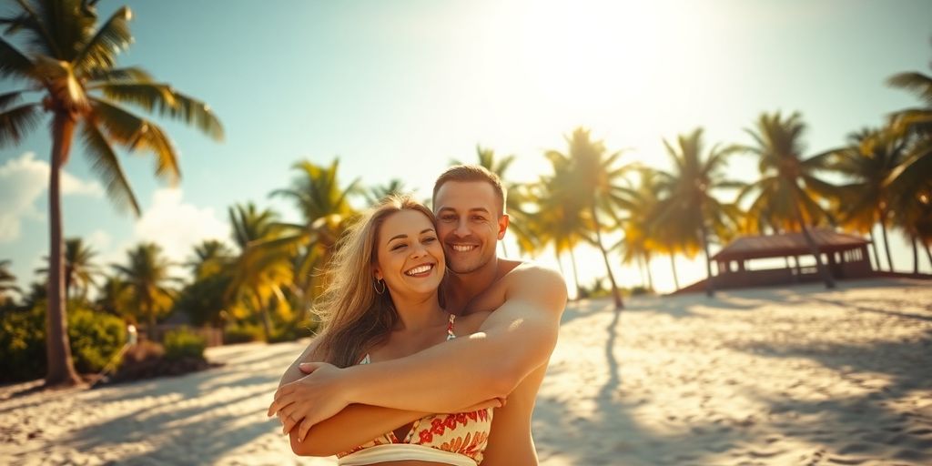 Couple embracing on a sunny Australian beach.