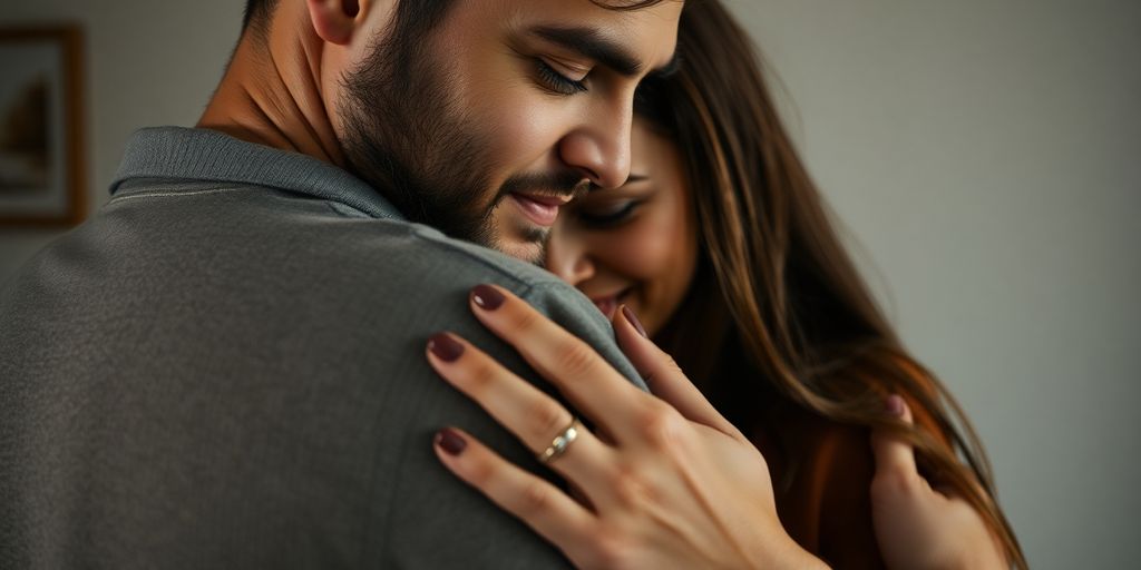 Couple embracing, one arm around the other.