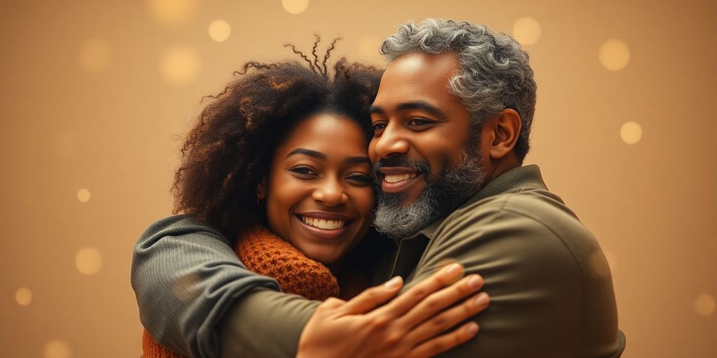 Couple embracing, surrounded by ethereal, interconnected light.