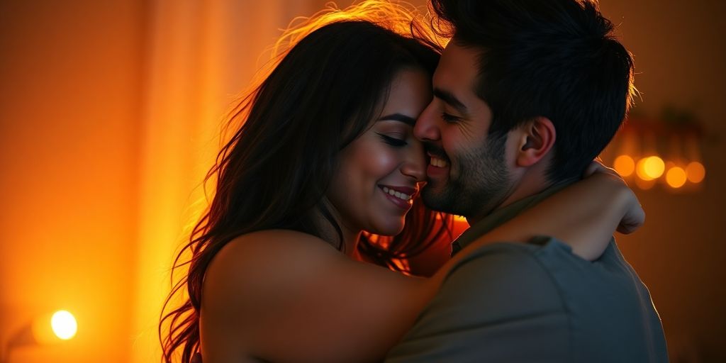 Couple embracing, vibrant energy flowing between them.