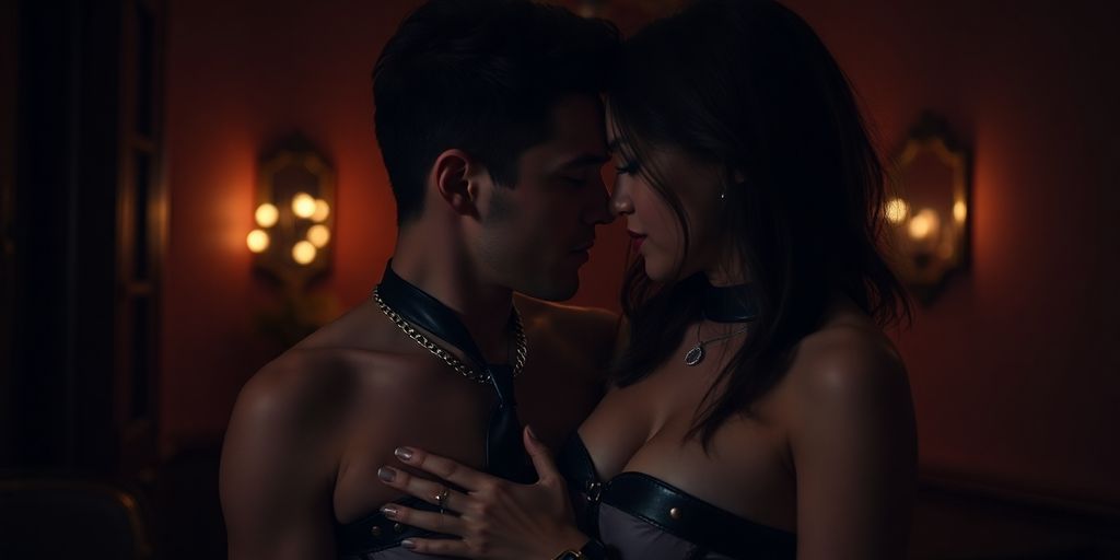 Couple engaged in consensual BDSM with leather restraints.