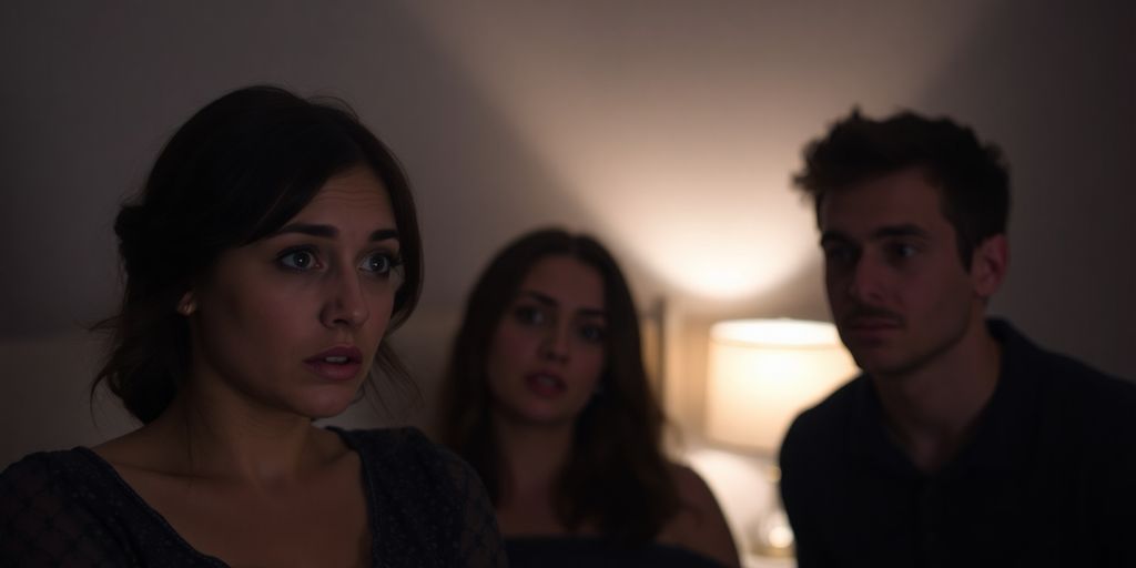 Couple experiencing awkwardness in a bedroom setting.