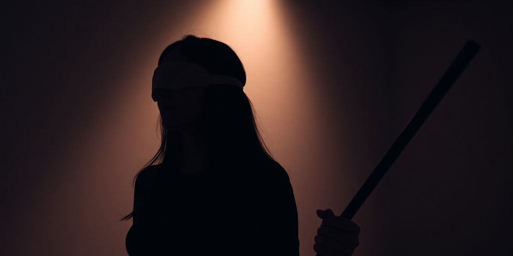 Couple exploring BDSM, one partner blindfolded, the other holding a whip.