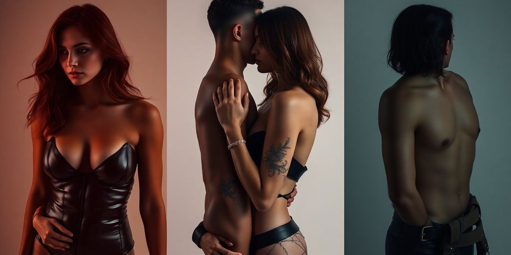 Couple exploring diverse BDSM gear and expressions.