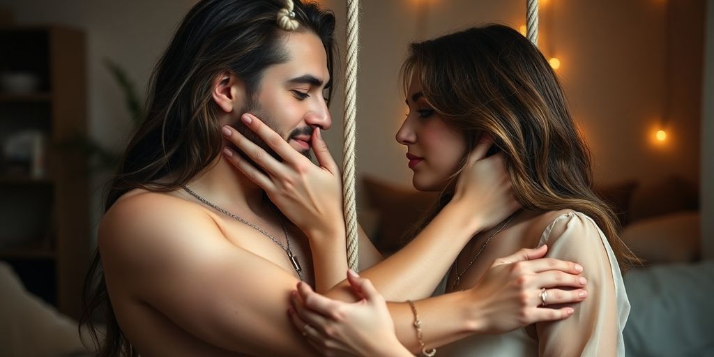 Couple exploring vanilla kink with soft restraints.