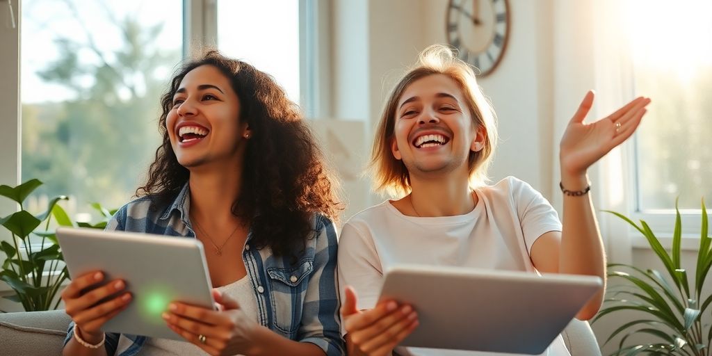 Couple happily balancing different activities.