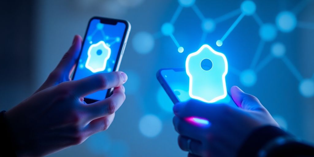 Couple happily messaging on secure phones.